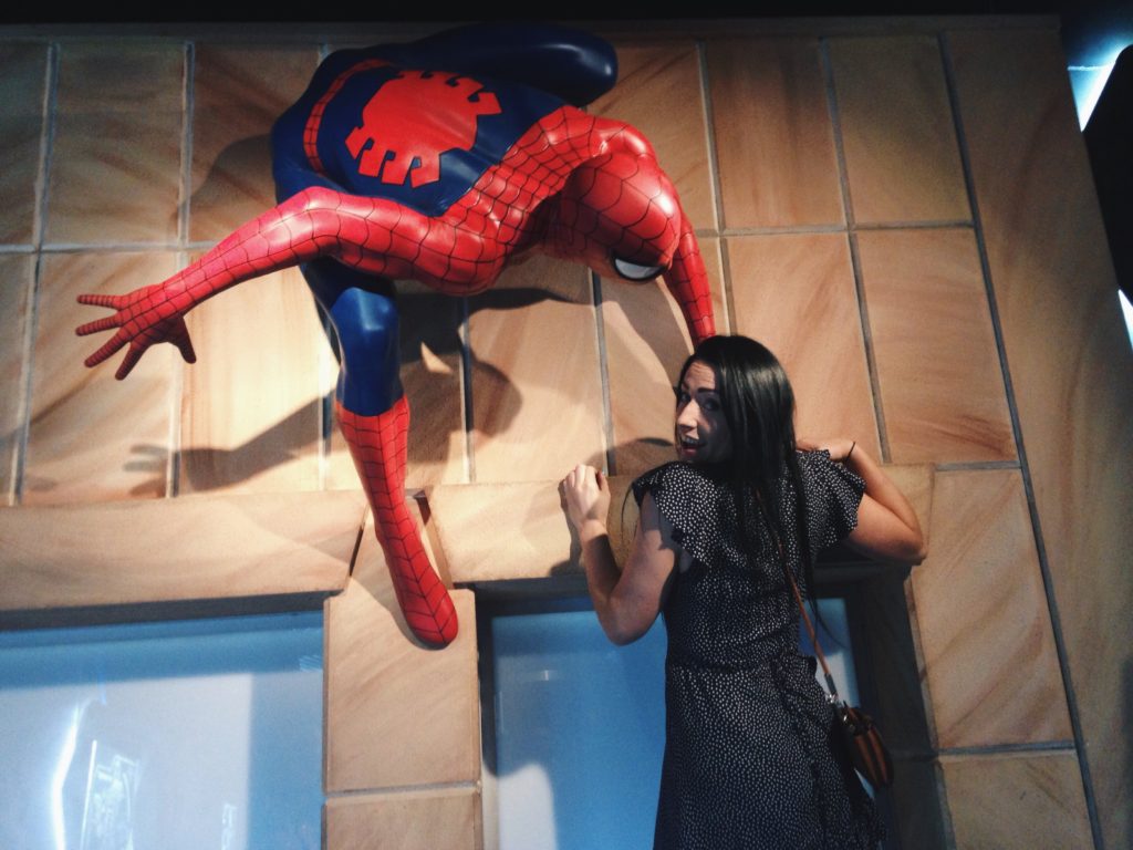 Sharon getting saved by Spiderman